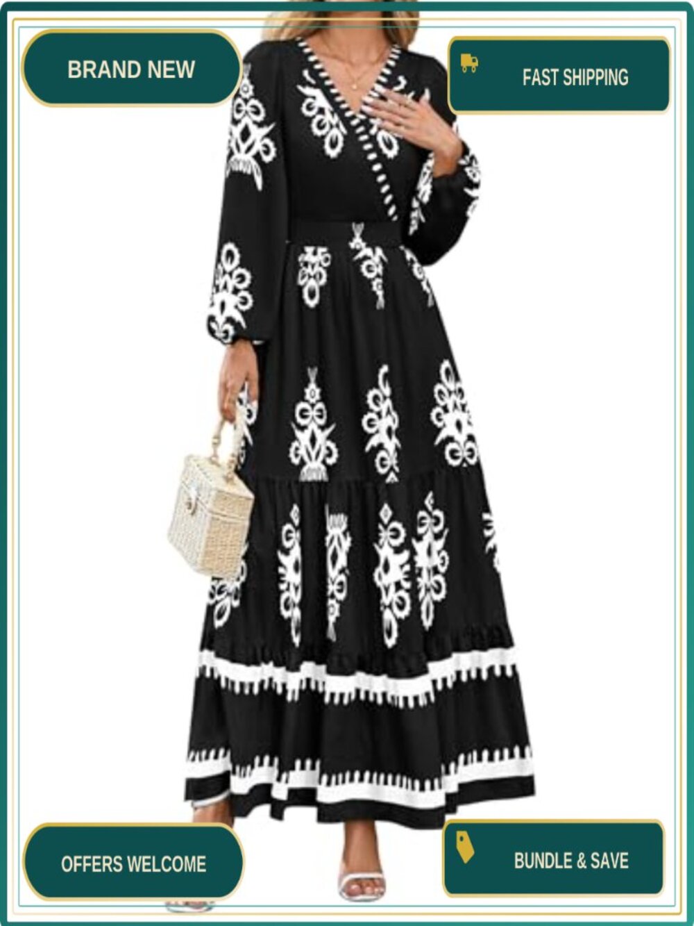Boho Floral Maxi Dress Long Sleeve V-Neck Tiered Ruffle Smocked Back with